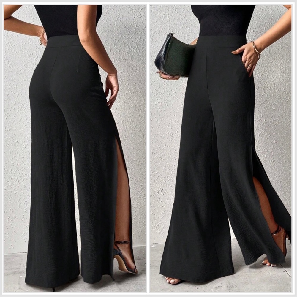 High-Waist Black Wide-Leg Slit Pants - Women's